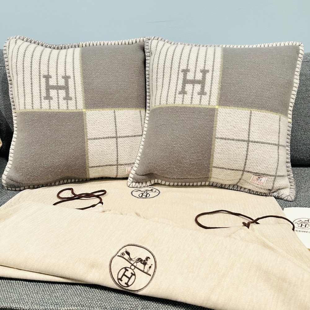 NEW Set of 2 HERMES Avalon Small Baby Pillow Cashmere Gris Perle w/ Receipt